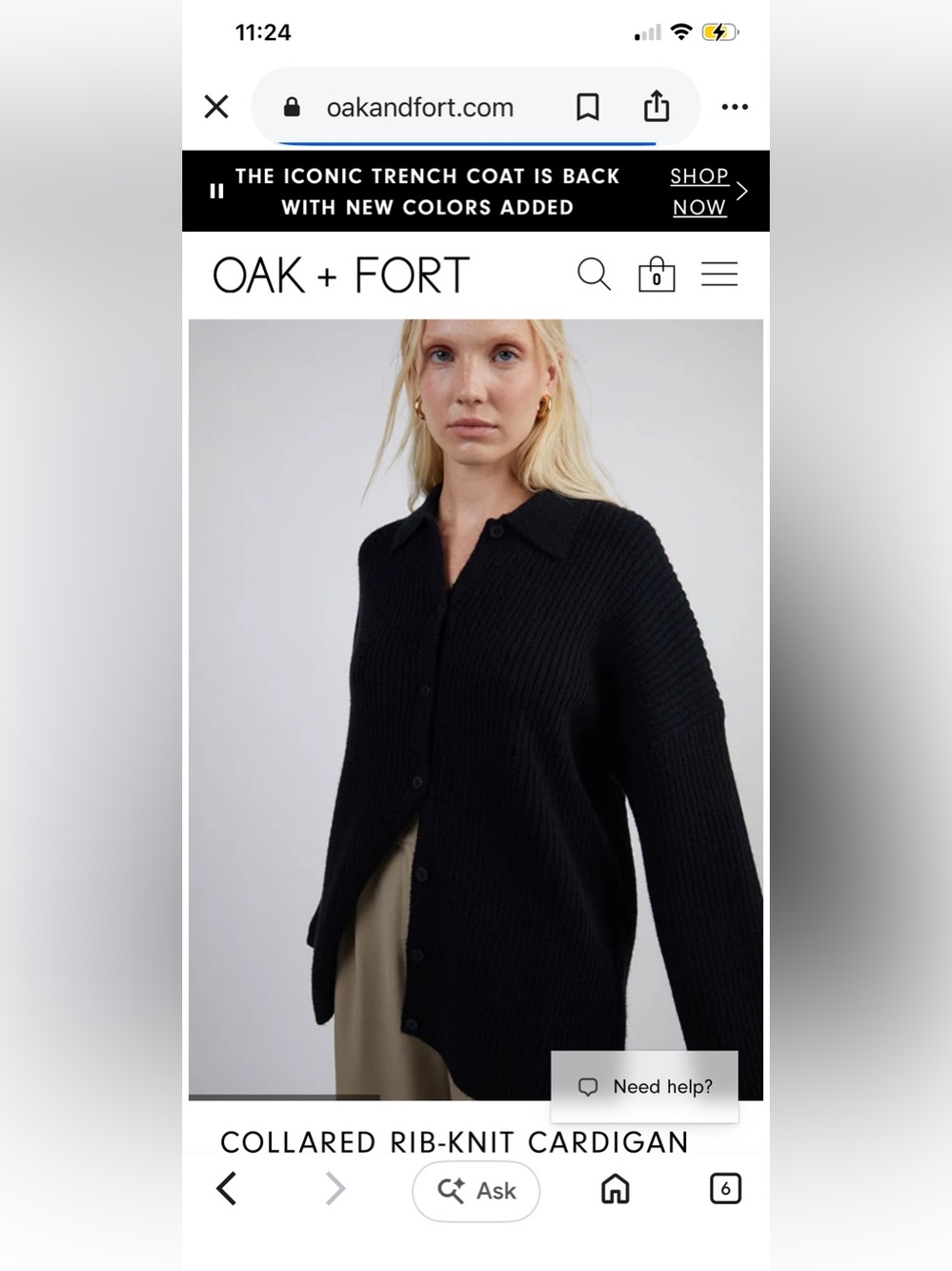 OAK + FORT Black Collared Rib-Knit Cardigan